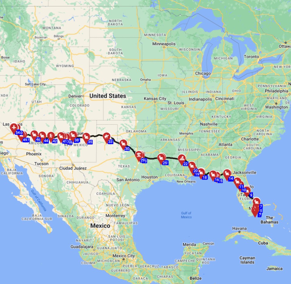 USA RV trip from Miami to Las Vegas route planner
